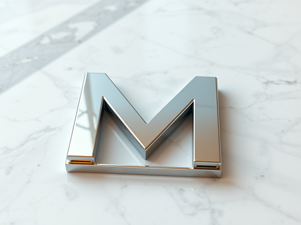 A metallic 'M' logo with motion lines that trail off into particles. The logo sits on a polished marble surface with soft reflections. Macro shot, photorealistic, 8k, commercial style.
